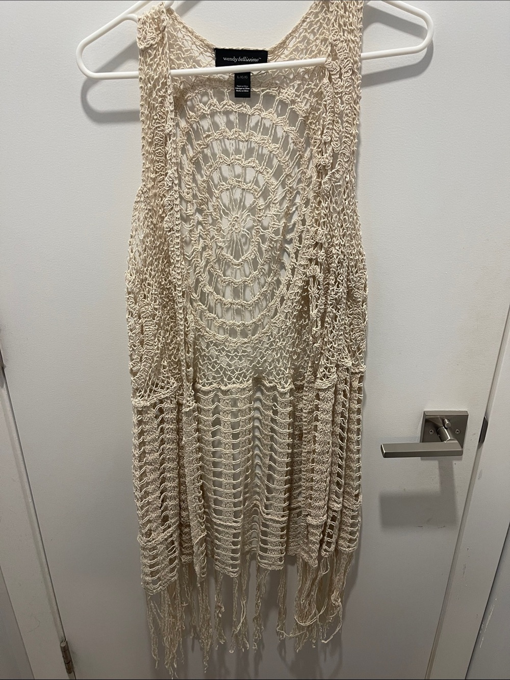 Wendy Bellissimo Cream Crochet Fringe Open Knit Vest